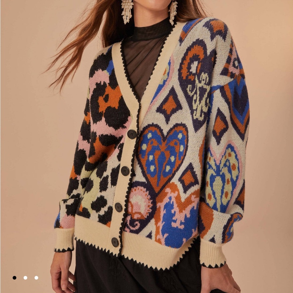 Farm Rio NEW Mixed Ikat Hearts Knit Cardigan - Picture 4 of 13